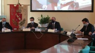 La visita di Fontana a Concorezzo, si è parlato anche di Smarter Italy. Da sinistra Massimiliano Capitanio, Attilio Fontana, Mauro Capitanio, Davide Falascone, rappresentante del Ministero e Riccardo Borgonovo